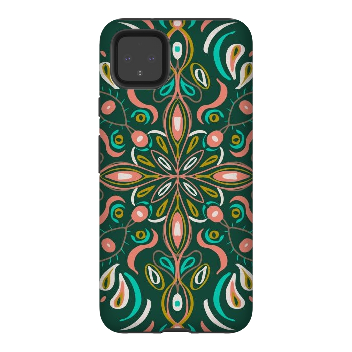 Pixel 4XL StrongFit Bold Boho Mandala in Green Coral and Gold by ECMazur 