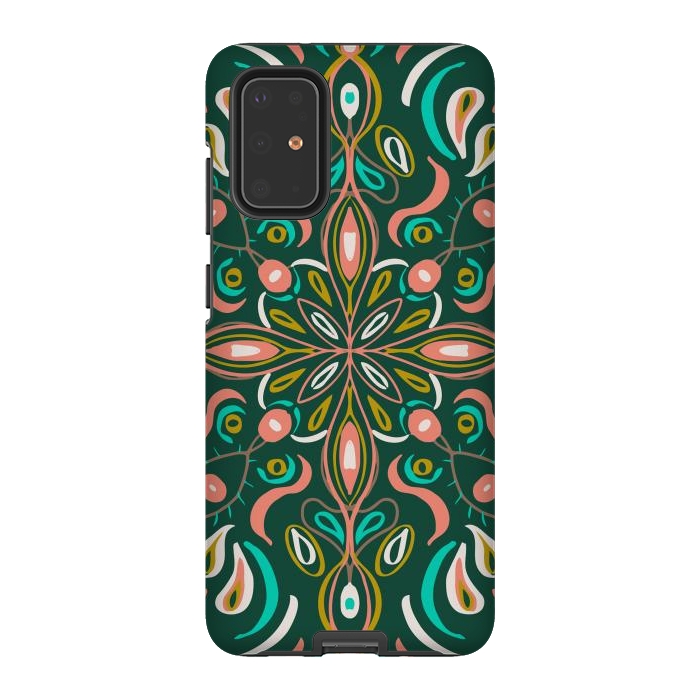 Galaxy S20 Plus StrongFit Bold Boho Mandala in Green Coral and Gold by ECMazur 