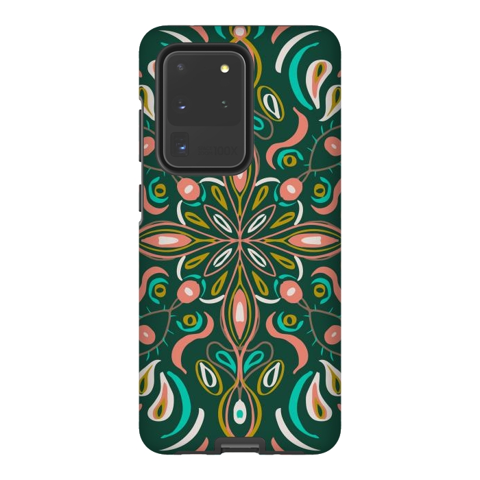 Galaxy S20 Ultra StrongFit Bold Boho Mandala in Green Coral and Gold by ECMazur 