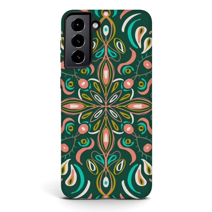 Galaxy S21 StrongFit Bold Boho Mandala in Green Coral and Gold by ECMazur 