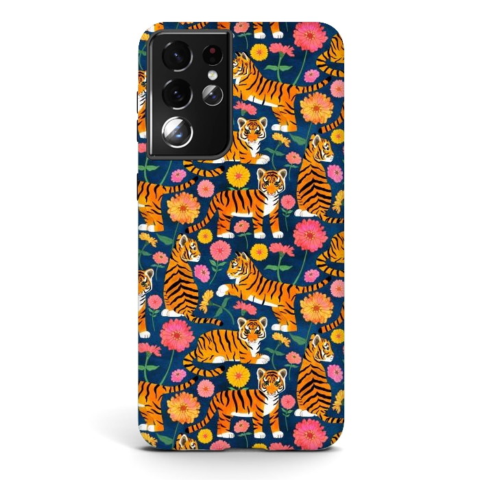 Galaxy S21 ultra StrongFit Tiger Cubs and Zinnias by Tangerine-Tane