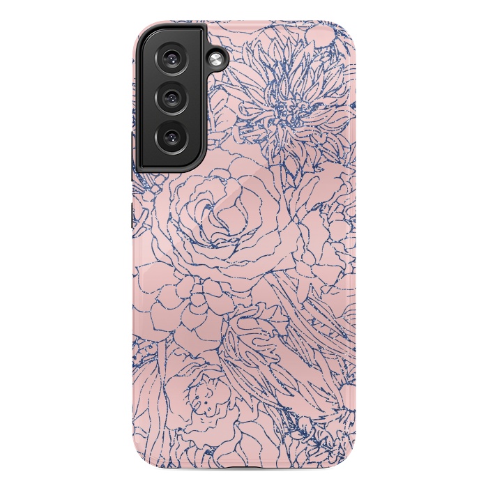 Galaxy S22 plus StrongFit Stylish Metallic Navy Blue and Pink Floral Design by InovArts