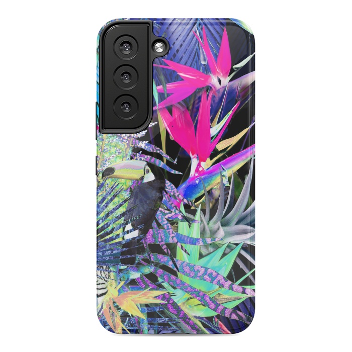 Galaxy S22 StrongFit Colorful neon toucan and strelitzia jungle pattern by Oana 