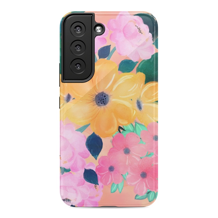 Galaxy S22 StrongFit Trendy Pink Peonies Yellow Sunflowers Watercolor paint by InovArts