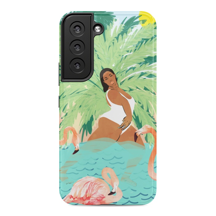 Galaxy S22 StrongFit Tropical Summer Water Yoga with Palm & Flamingos | Woman of Color Black Woman Body Positivity by Uma Prabhakar Gokhale