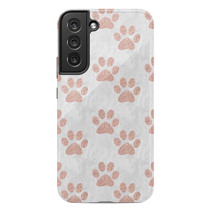 Galaxy S22 plus StrongFit Rose Gold Paw Prints on Marble by Julie Erin Designs