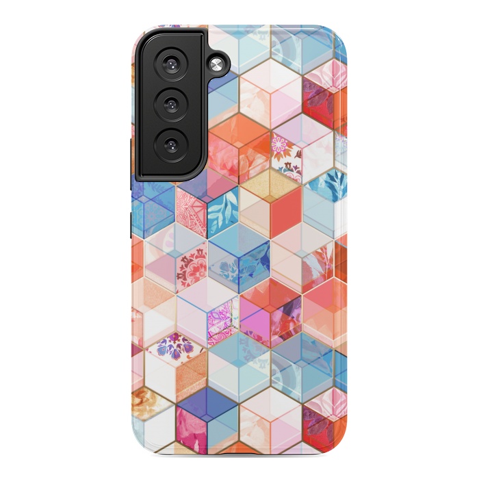 Galaxy S22 StrongFit Coral, Cream and Cobalt Kaleidoscope Cubes by Micklyn Le Feuvre