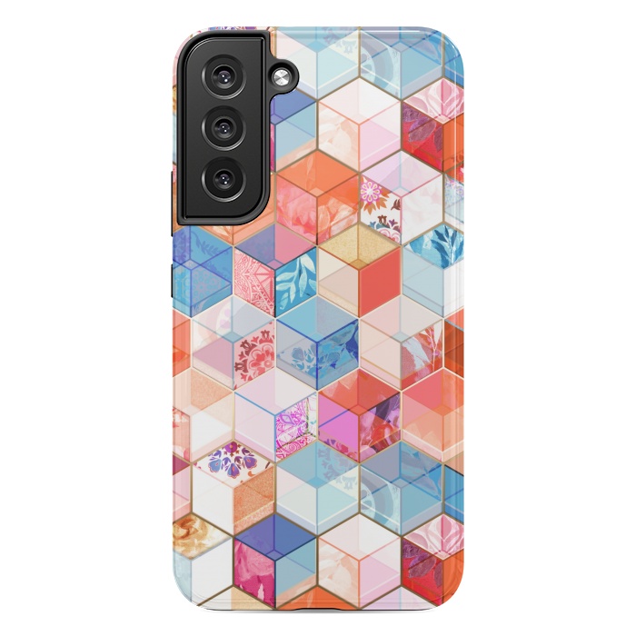 Galaxy S22 plus StrongFit Coral, Cream and Cobalt Kaleidoscope Cubes by Micklyn Le Feuvre