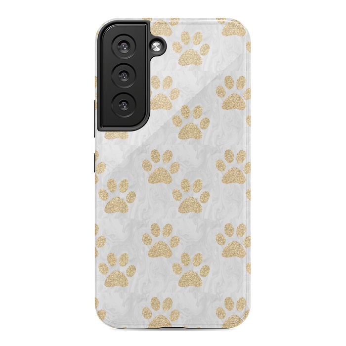 Galaxy S22 StrongFit Gold Paw Prints on Marble by Julie Erin Designs