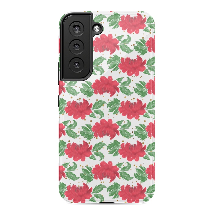 Galaxy S22 StrongFit Watercolor Winter Red Flowers Gold Dots Artwork by InovArts