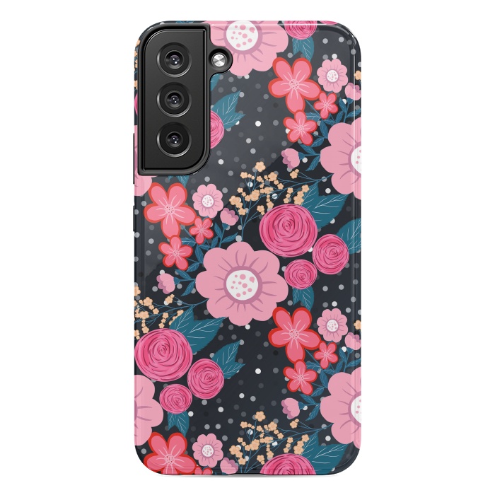 Galaxy S22 plus StrongFit Pretty girly pink Floral Silver Dots Gray design by InovArts