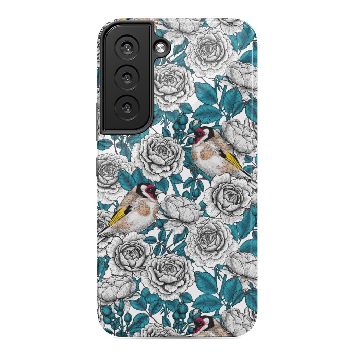 Galaxy S22 StrongFit White rose flowers and goldfinch birds by Katerina Kirilova