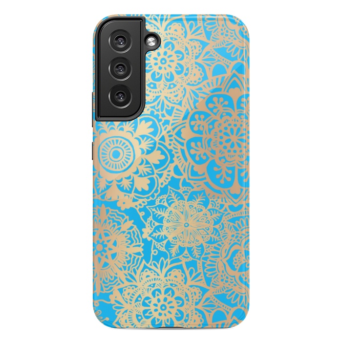 Galaxy S22 plus StrongFit Light Blue and Gold Mandala Pattern by Julie Erin Designs
