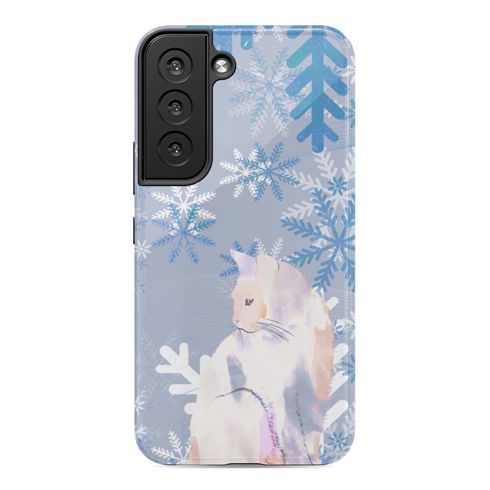 Galaxy S22 StrongFit Cat and metallic blue snowflakes watercolor illustration by Oana 