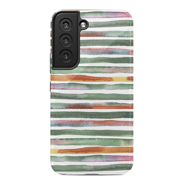 Galaxy S22 StrongFit Watercolor Stripes and Lines Green Orange by Ninola Design