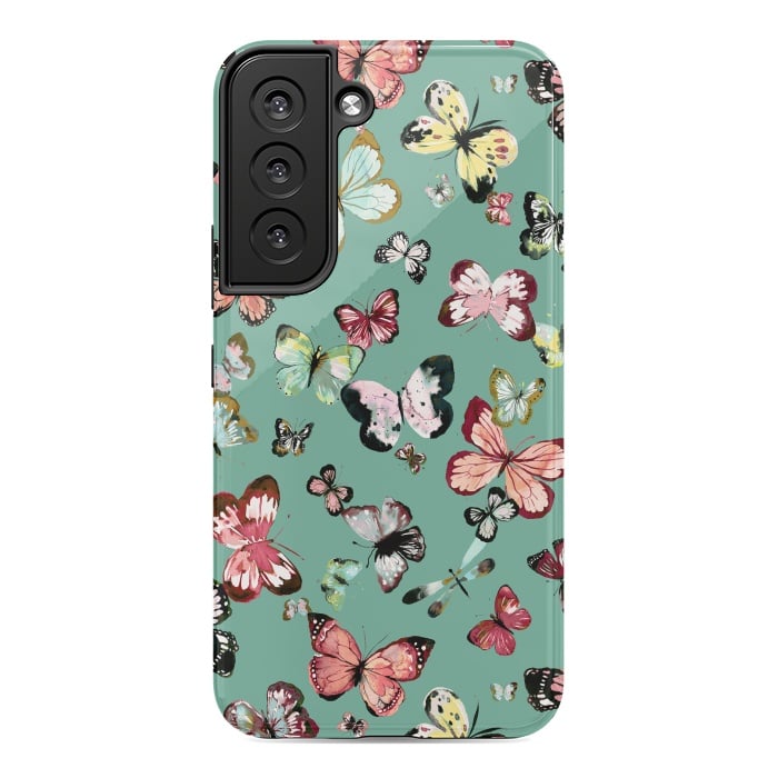 Galaxy S22 StrongFit Flying Butterflies Watercolor Teal by Ninola Design