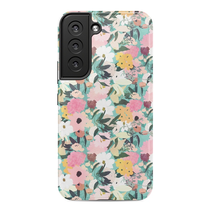 Galaxy S22 StrongFit Pretty Watercolor Pink & White Floral Green Design by InovArts