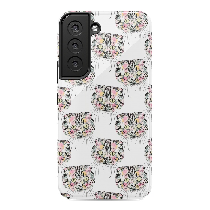 Galaxy S22 StrongFit Cute Pink Cat & watercolor flowers Animal Pattern by InovArts