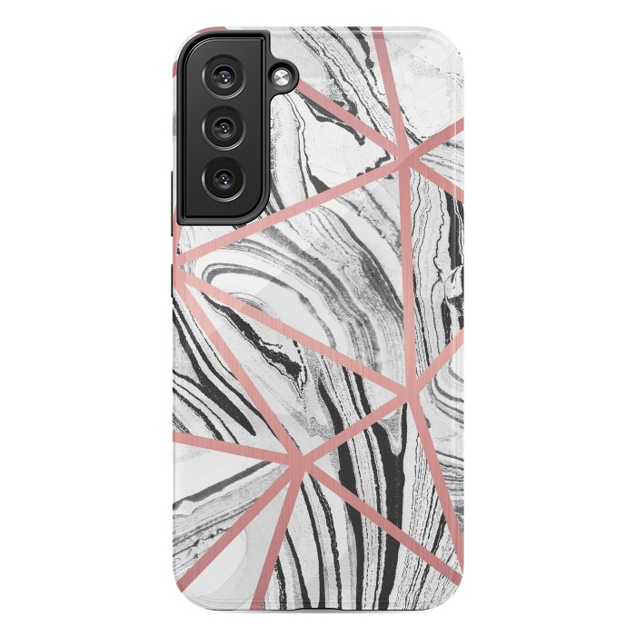 Galaxy S22 plus StrongFit White marble with black stripes and rose gold triangles by Oana 
