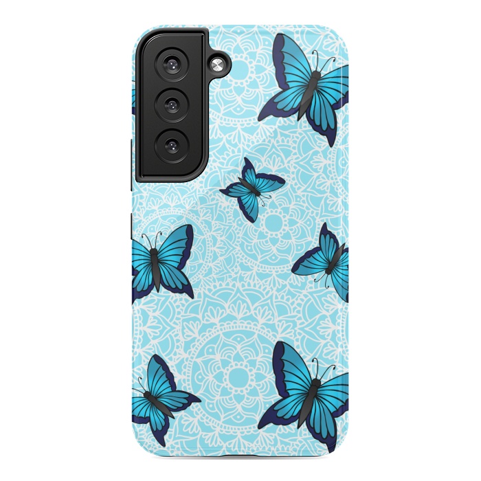 Galaxy S22 StrongFit Blue Butterfly Mandala Pattern by Julie Erin Designs