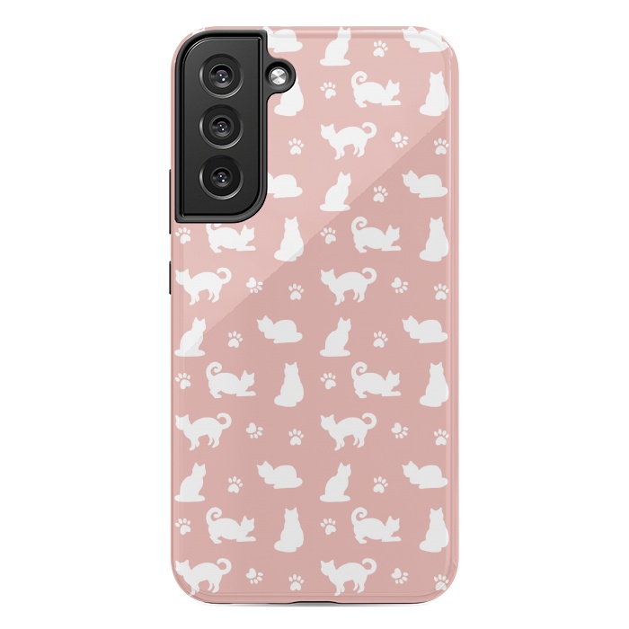 Galaxy S22 plus StrongFit Pink and White Cat Pattern by Julie Erin Designs