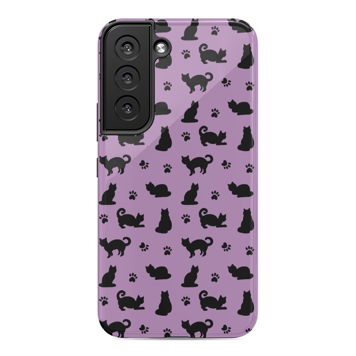 Galaxy S22 StrongFit Black and Purple Cats and Paw Prints Pattern by Julie Erin Designs
