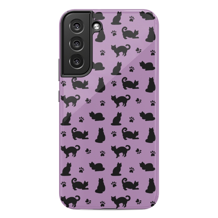 Galaxy S22 plus StrongFit Black and Purple Cats and Paw Prints Pattern by Julie Erin Designs