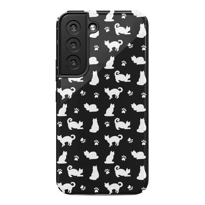 Galaxy S22 StrongFit Black and White Cats and Paw Prints Pattern by Julie Erin Designs