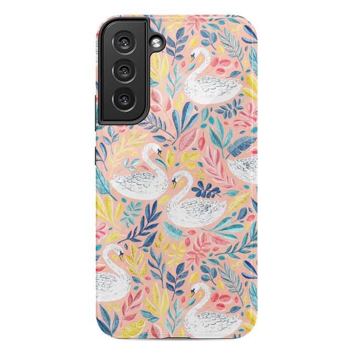 Galaxy S22 plus StrongFit Whimsical White Swans and Colorful Leaves on Pale Peach Pink by Micklyn Le Feuvre