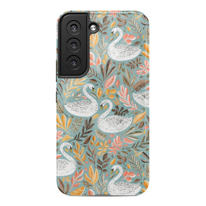 Galaxy S22 StrongFit Whimsical White Swans with Autumn Leaves on Sage by Micklyn Le Feuvre