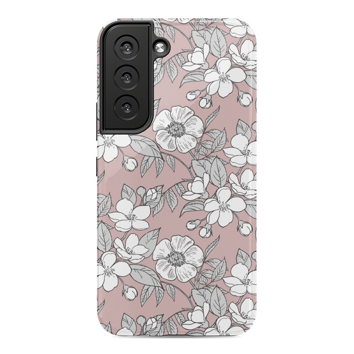 Galaxy S22 StrongFit White Cherry flowers line art drawing on pink by Oana 