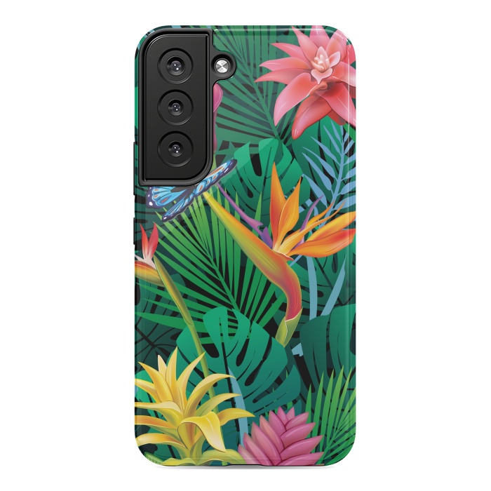 Galaxy S22 StrongFit Cute Tropical Floral Design Green Pink and Purple by ArtsCase