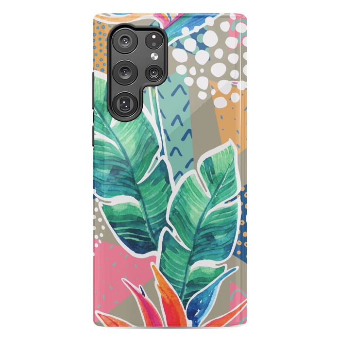 Galaxy S22 Ultra StrongFit Tropical Flowers Watercolors with Geometric Outline by ArtsCase