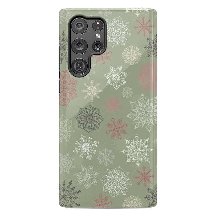 Galaxy S22 Ultra StrongFit Christmas Snowflakes on Dark Green by Paula Ohreen