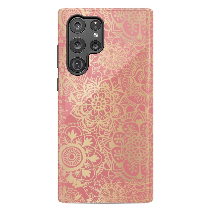 Galaxy S22 Ultra StrongFit Coral Pink and Gold Mandala Pattern by Julie Erin Designs
