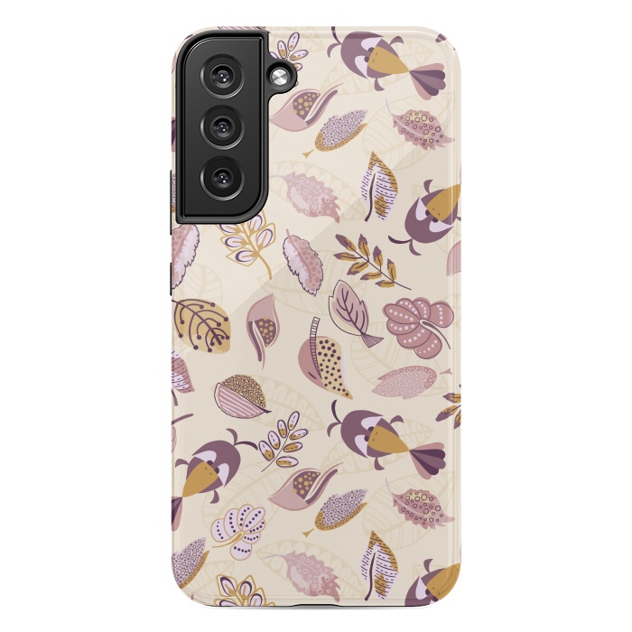 Galaxy S22 plus StrongFit Cute parrots in a fun tossed pattern with funky leaves in purple and mustard by Paula Ohreen