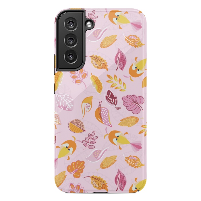 Galaxy S22 plus StrongFit Cute parrots in a fun tossed pattern with funky leaves in pink and orange by Paula Ohreen