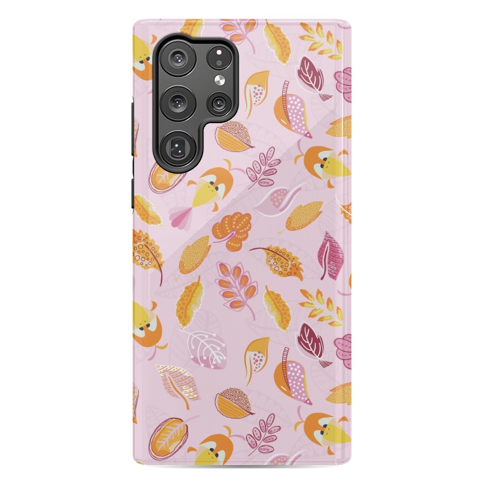 Galaxy S22 Ultra StrongFit Cute parrots in a fun tossed pattern with funky leaves in pink and orange by Paula Ohreen