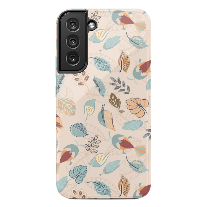 Galaxy S22 plus StrongFit Cute parrots in a fun tossed pattern with funky leaves in blue and red by Paula Ohreen