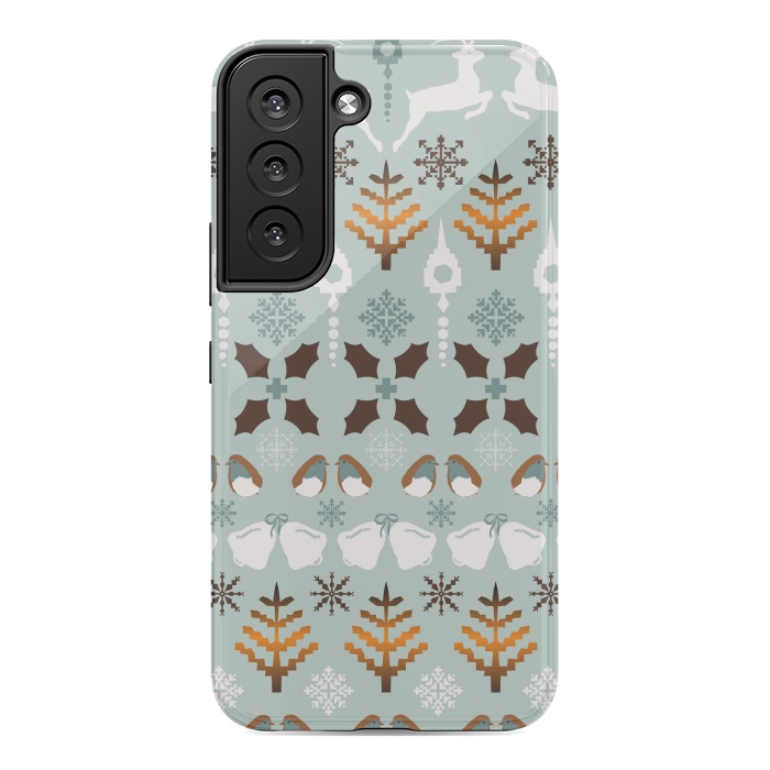 Galaxy S22 StrongFit Fair Isle Christmas in blue and brown by Paula Ohreen