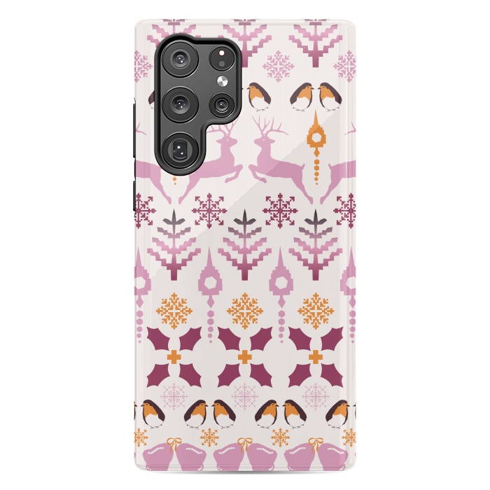 Galaxy S22 Ultra StrongFit Fair Isle Christmas in pink and orange by Paula Ohreen
