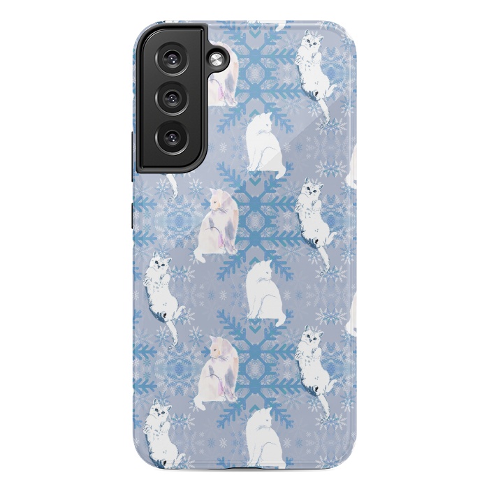 Galaxy S22 plus StrongFit Cute white cats and blue Christmas snowflakes by Oana 