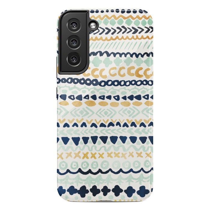Galaxy S22 plus StrongFit Navy, Teal & Mustard Tribal by Tangerine-Tane