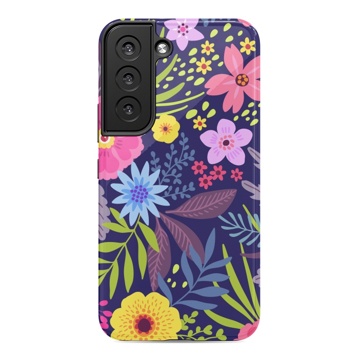 Galaxy S22 StrongFit Amazing seamless floral pattern with bright colorful flowers and leaves on a dark blue background by ArtsCase