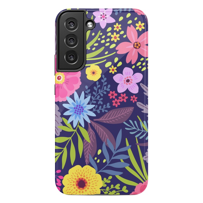 Galaxy S22 plus StrongFit Amazing seamless floral pattern with bright colorful flowers and leaves on a dark blue background by ArtsCase