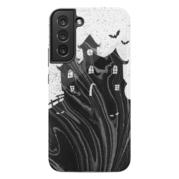 Galaxy S22 plus StrongFit Halloween haunted house - black and white splatter and brushstrokes by Oana 