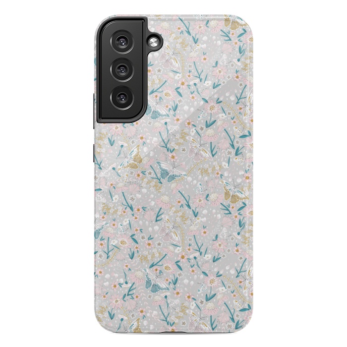Galaxy S22 plus StrongFit Delicate Daisies and Butterflies half-drop repeat pattern by Paula Ohreen