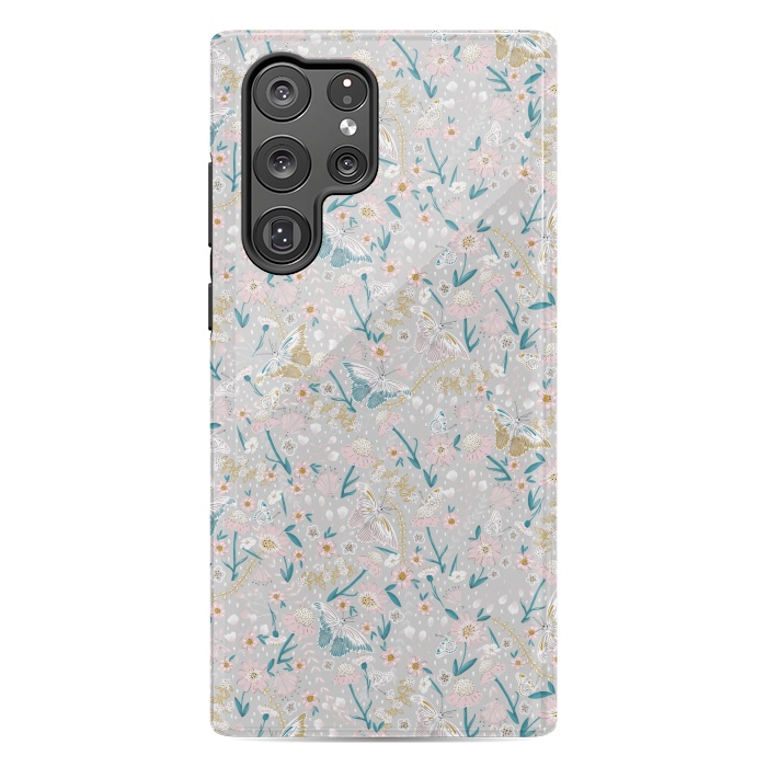 Galaxy S22 Ultra StrongFit Delicate Daisies and Butterflies half-drop repeat pattern by Paula Ohreen