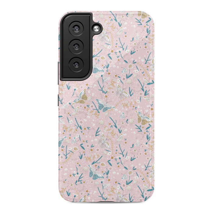 Galaxy S22 StrongFit Delicate Daisies and Butterflies half-drop repeat pattern on Pink by Paula Ohreen