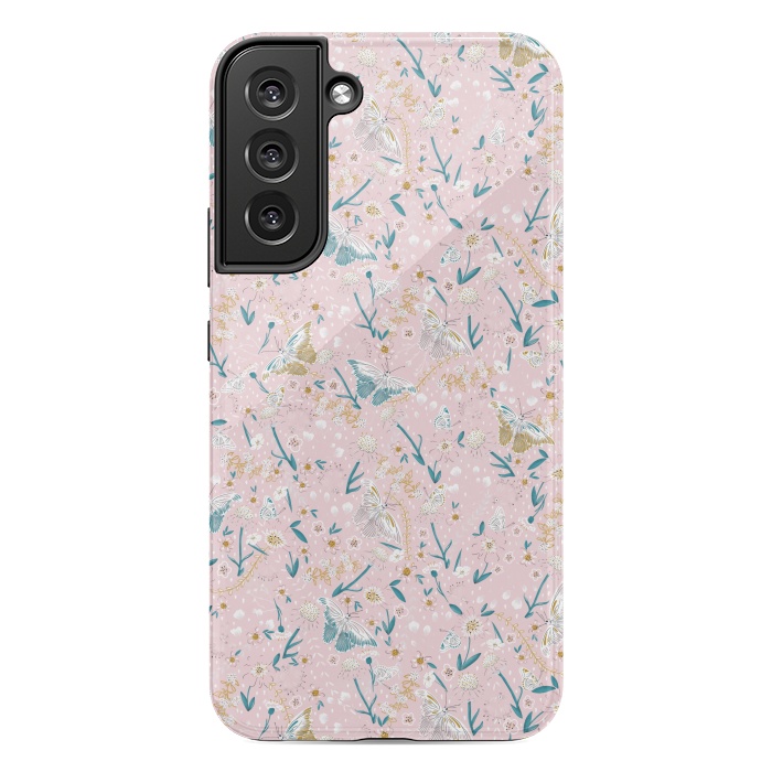 Galaxy S22 plus StrongFit Delicate Daisies and Butterflies half-drop repeat pattern on Pink by Paula Ohreen